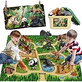 Mini Tudou 12 Pcs Safari Animals Figures Toys w/ 57x38.6’’ Large Activity Play Mat, Realistic Jumbo Jungle Wild Zoo Animals F