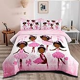 CKOU CCOO Girls Pink Ballerina Comforter Set Twin,African American Black Girl Bedding Set,Cute Little Ballet Princess Comforter Set Bedspread for Kids Toddler Girls BeBedroom Set Room Decor