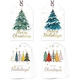 48 Pcs Christmas Gift Tags with String – Elegant Watercolor Holiday Gift Tags with Gold Accents, 4 Tree Designs Xmas Name Tags for Presents, Gift Bags, and Holiday Wrapping