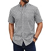 Runcati Mens Plaid Shirt Short Sleeve Button Down Linen Dress Shirt Wrinkle Free Casual Business Summer Work Shirts