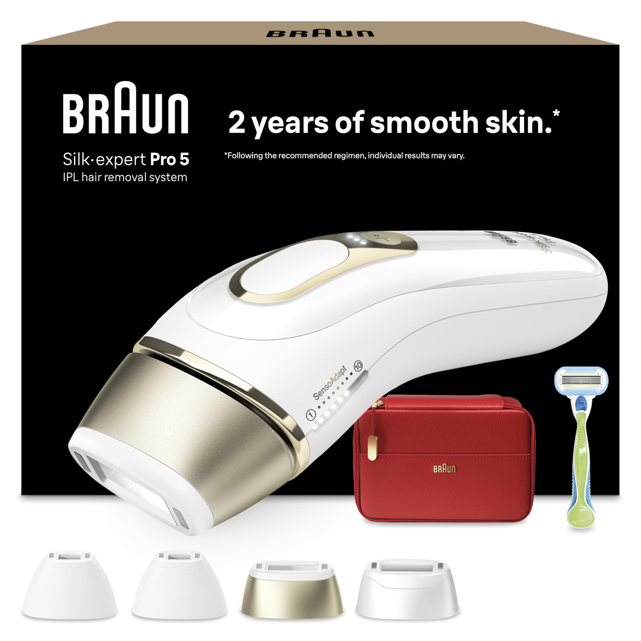 Braun IPL Silk·expert Pro 5 – IPL Geräte Haarentfernung, dauerhaft und schmerzfrei Haarentfernung für Zuhause – Etui mit Gillette Venus Rasierer, 4 Aufsätze, Designed In Germany – PL5382, Weiß/Gold