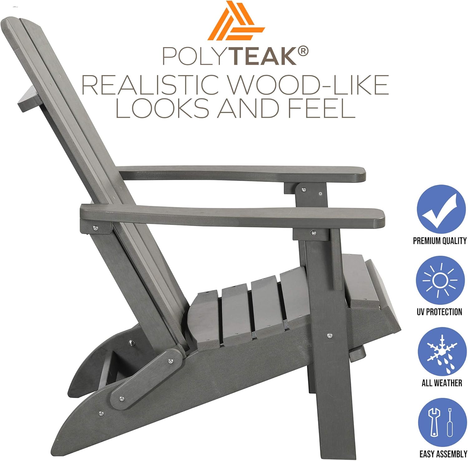 PolyTEAK Modern Oversized Folding Poly Adirondack Chair | Adult-Size, Weather Resistant, Made from Special Formulated Poly Lumber Plastic (Matte Gray): Kitchen & Dining