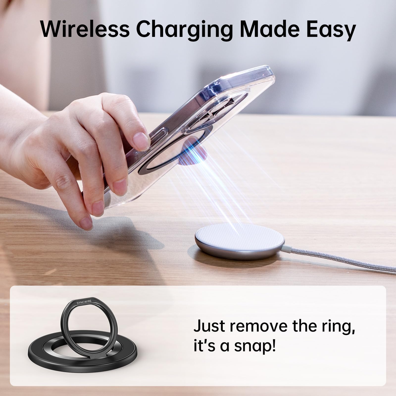 SYNCWIRE Magnetic Phone Ring Holder for MagSafe, 360° Rotation Cell Phone Grip Stand Finger Ring Kickstand Two-Sided Magnet Compatible with iPhone 17 Pro Max 16 15 14 13 12 MagSafe Accessories