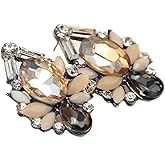 Art Deco Antique Vintage Retro Style Peach Amber Citrine Topaz Tan Grey Earth Tones Rhinestone Bridal Bridesmaid Wedding Prom Cluster Earrings
