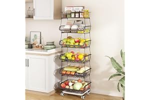 Wisdom Star 6 Tier Fruit Vegetable Basket for Kitchen, Fruit Vegetable Storage Cart/ Bins for Onions and Potatoes, Wire Storage Organizer Utility Cart with Wheels, Black