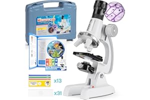 Uarzt Kids Beginner Microscope Science Kit with 100X-1200X, 13 Prepared Slides & DIY Blank Slides, 18MM HD Len, LED Light Adjustable and ABS Box, Microscope for Kids 5-7 8-12