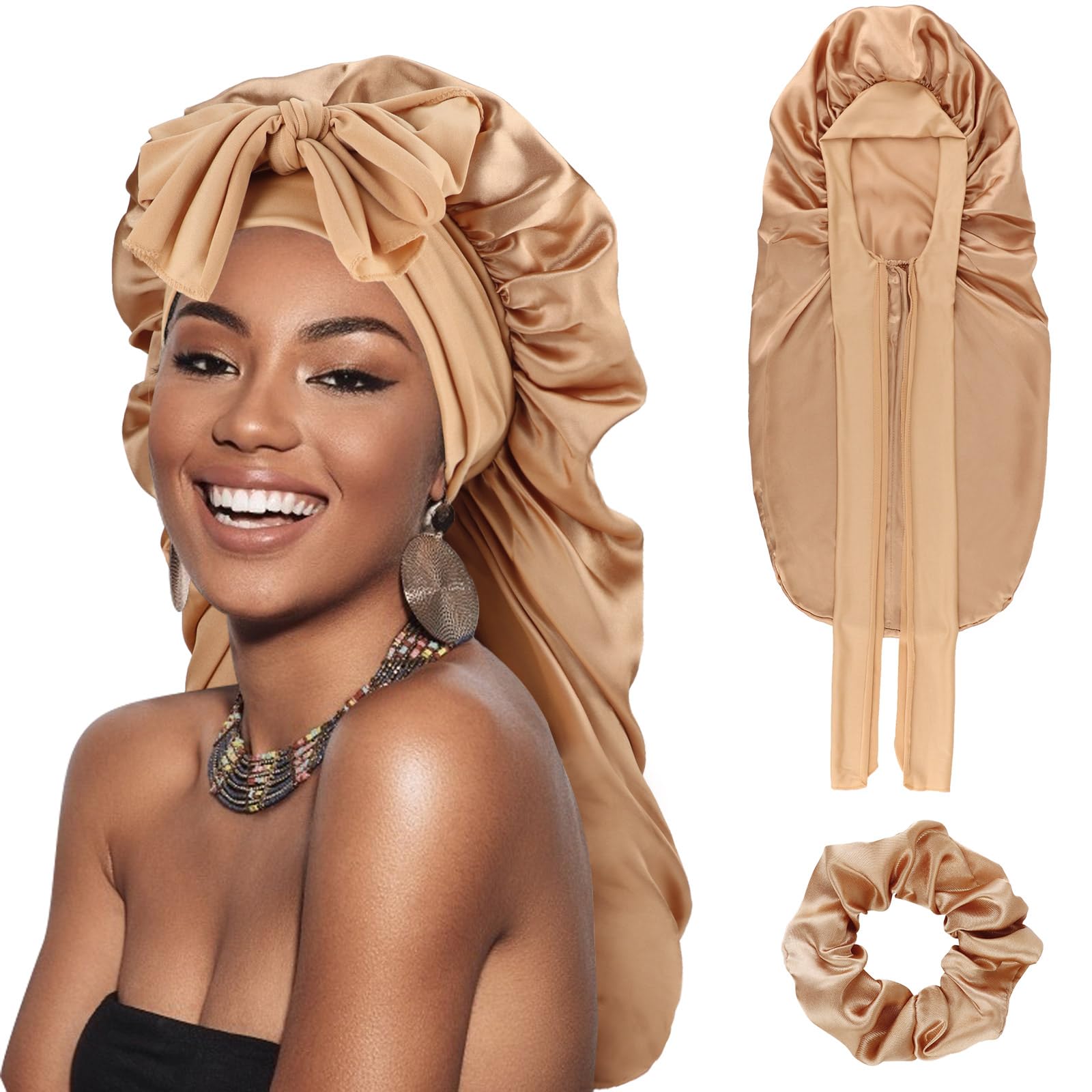 DRESHOW Long Satin Braid Bonnet for Women Silk Bonnet for Sleeping Sleep Cap with Elastic Tie Band Night Cap for Long Curly Hair Locs