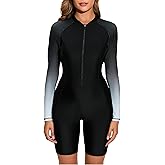 Halcurt Women's Boyleg One Piece Rash Guard with Built in Bra Zip Front UPF50+ Long Sleeve Full Body Surfing Swimsuit