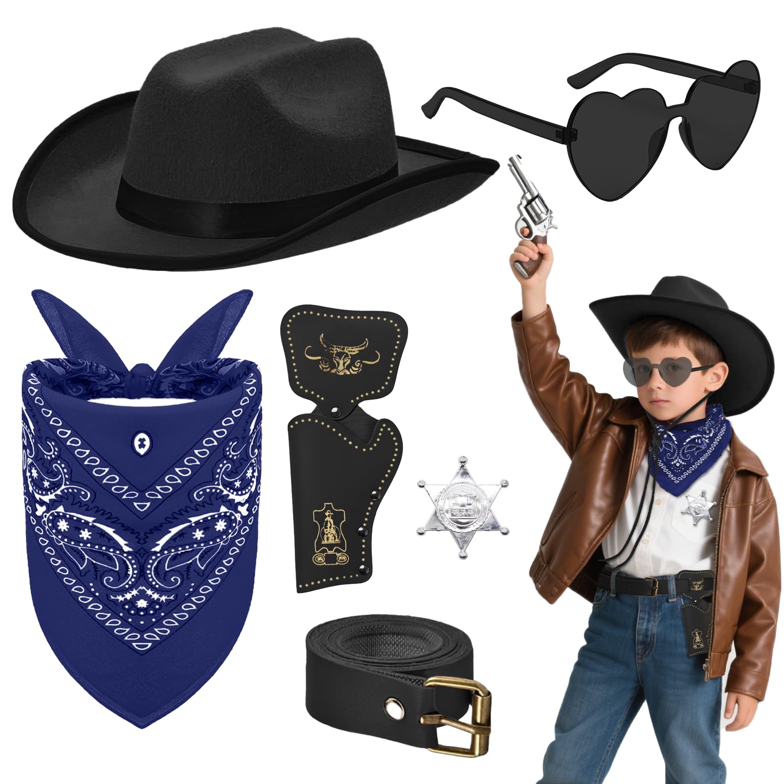 Wynlora 6Pcs Western Cowboy Accessories Set, Wild West Cowboy Costume Kit with with Hat Bandana Sunglasses Badge Holster Belt for Role Play Halloween Party Cosplay (Style 1)