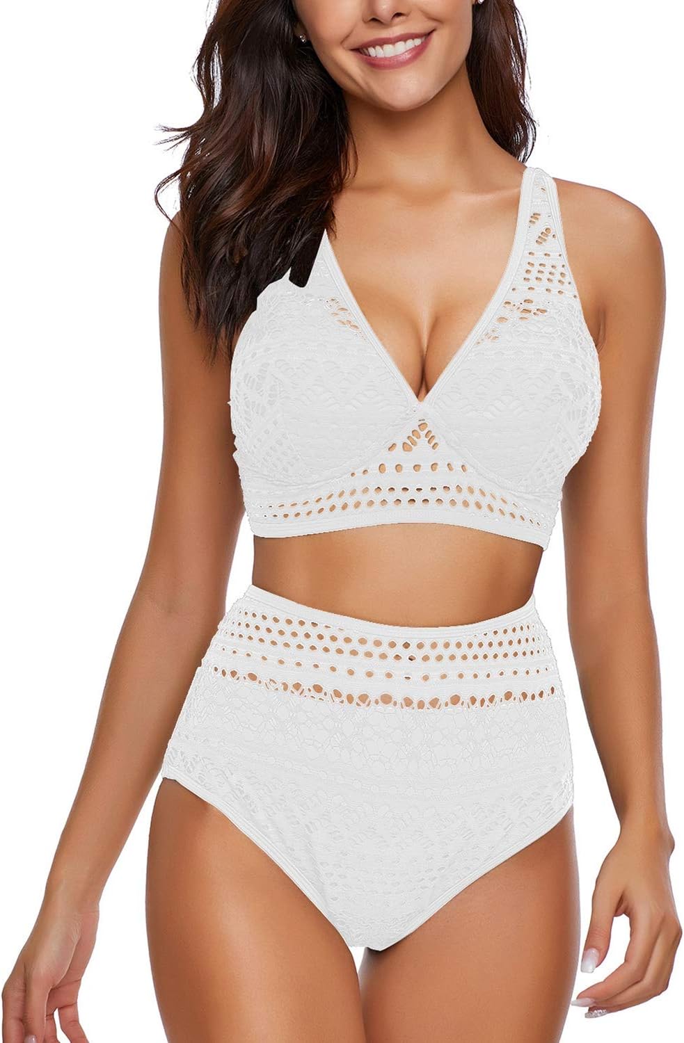 LookbookStore Women Summer Crochet Lace High Waisted 2 Piece Bikini Set Swimsuit