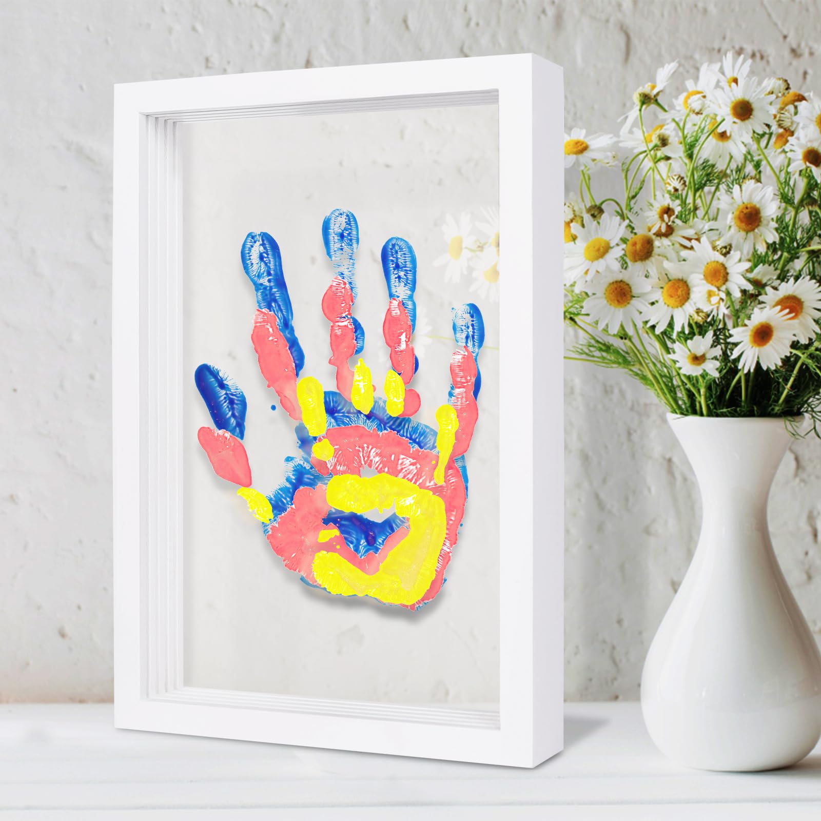Photo 1 of IvyWind Family Handprint Kit, DIY Hand and Footprint Kit Wooden Frame, Handmake Craft Keepsake- 6 Colors Non-Toxic Paint, Gifts for New Mom, New Parents, Mother's Day, Home Decor (White)