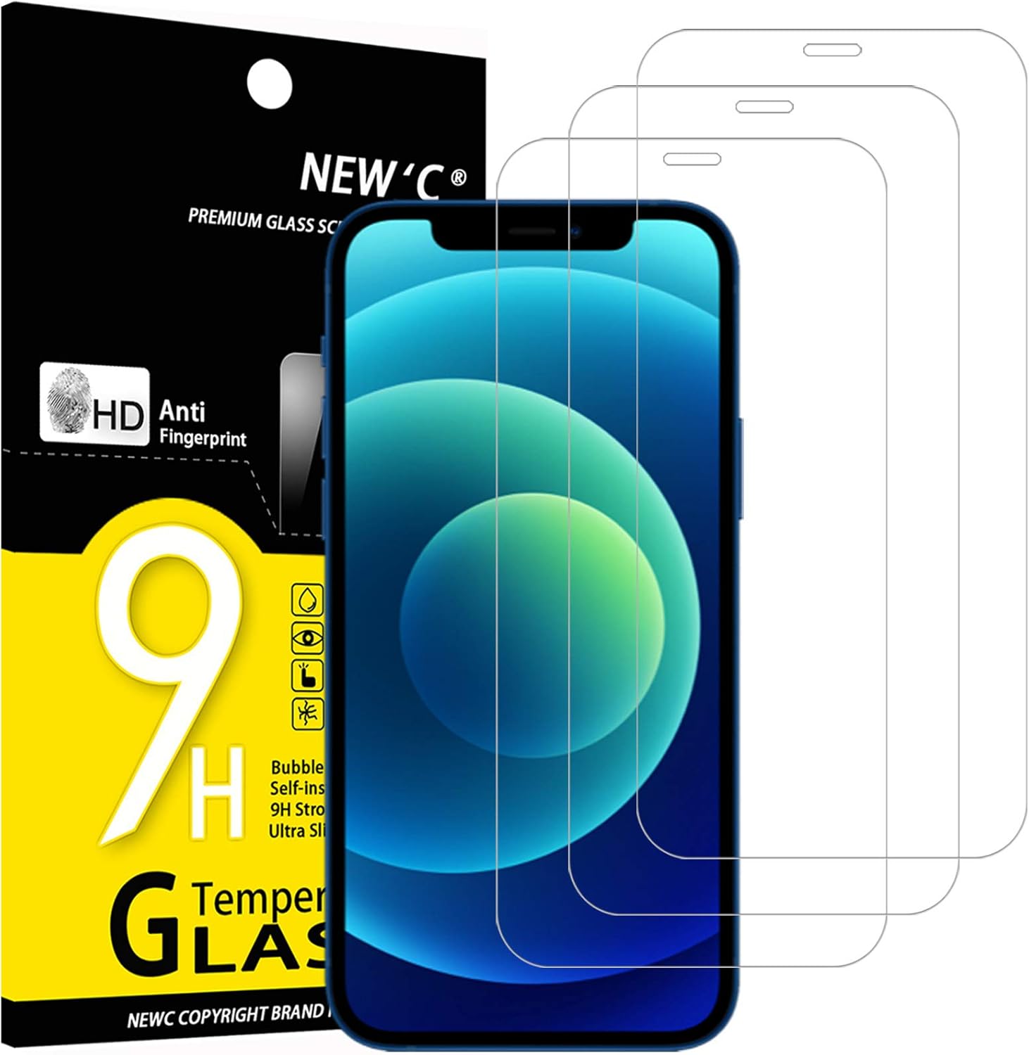 NEW'C 3 Pack Designed for iPhone 12,iPhone 12 Pro Screen Protector (6.1"), Enhanced Tempered Glass Protection