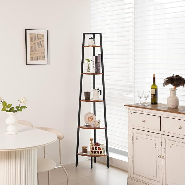 YOOBURE CORNER SHELF, 5-TIER CORNER BOOKSHELF WITH METAL FRAME & WOOD LADDER SHELVES – DISPLAY SHELF & TALL BOOKCASE, PLANT STAND FOR HOME DECOR – BEDROOM, LIVING ROOM, OFFICE