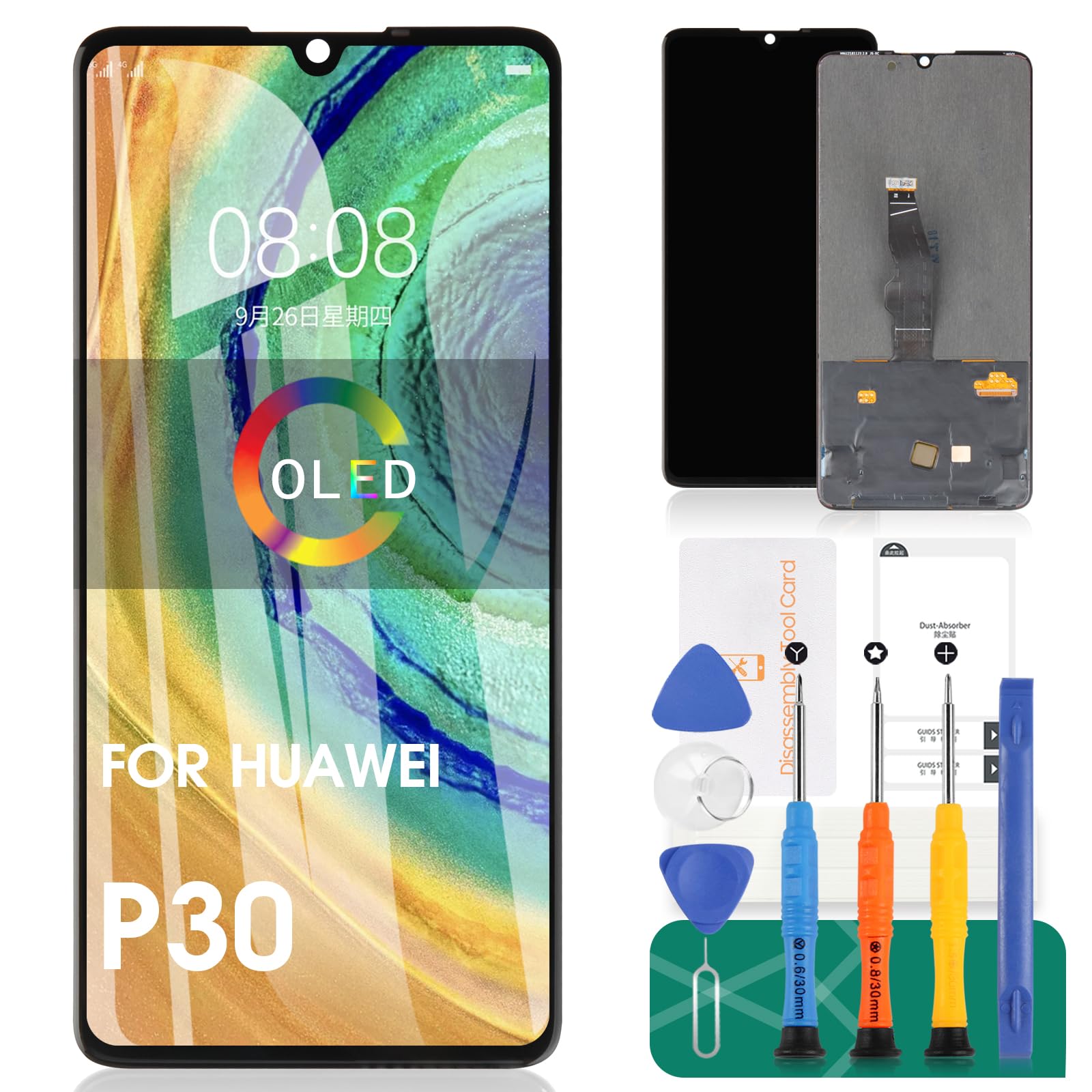 For Huawei P30 LCD Screen For Huawei P30 Screen Replacement For Huawei P30 Display Touch Digitizer ELE-L29, ELE-L09, ELE-AL00 Assembly Repair Parts Kits Can Support FingerPrint(OLED Black No Frame)