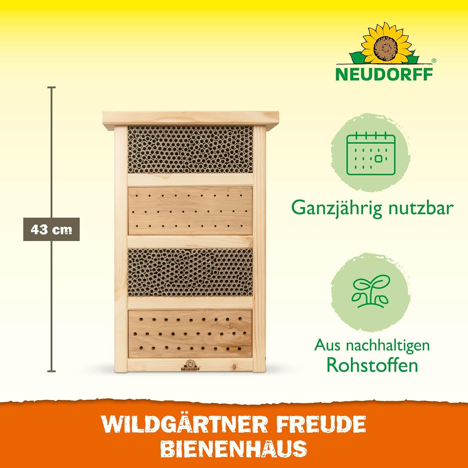 Neudorff Wildgärtner Freude Bienenhaus – Handgefertigtes Bienenhotel. Nisthilfe für Wildbienen zum Aufhängen und Aufstellen. Wetterfest und unbehandelt, 1 Stück 3