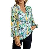 MLEBR Womens Tops Blouses Casual Spring Summer Boho Long Sleeve V Neck Leaves Printed Blouses Tops Tunics L
