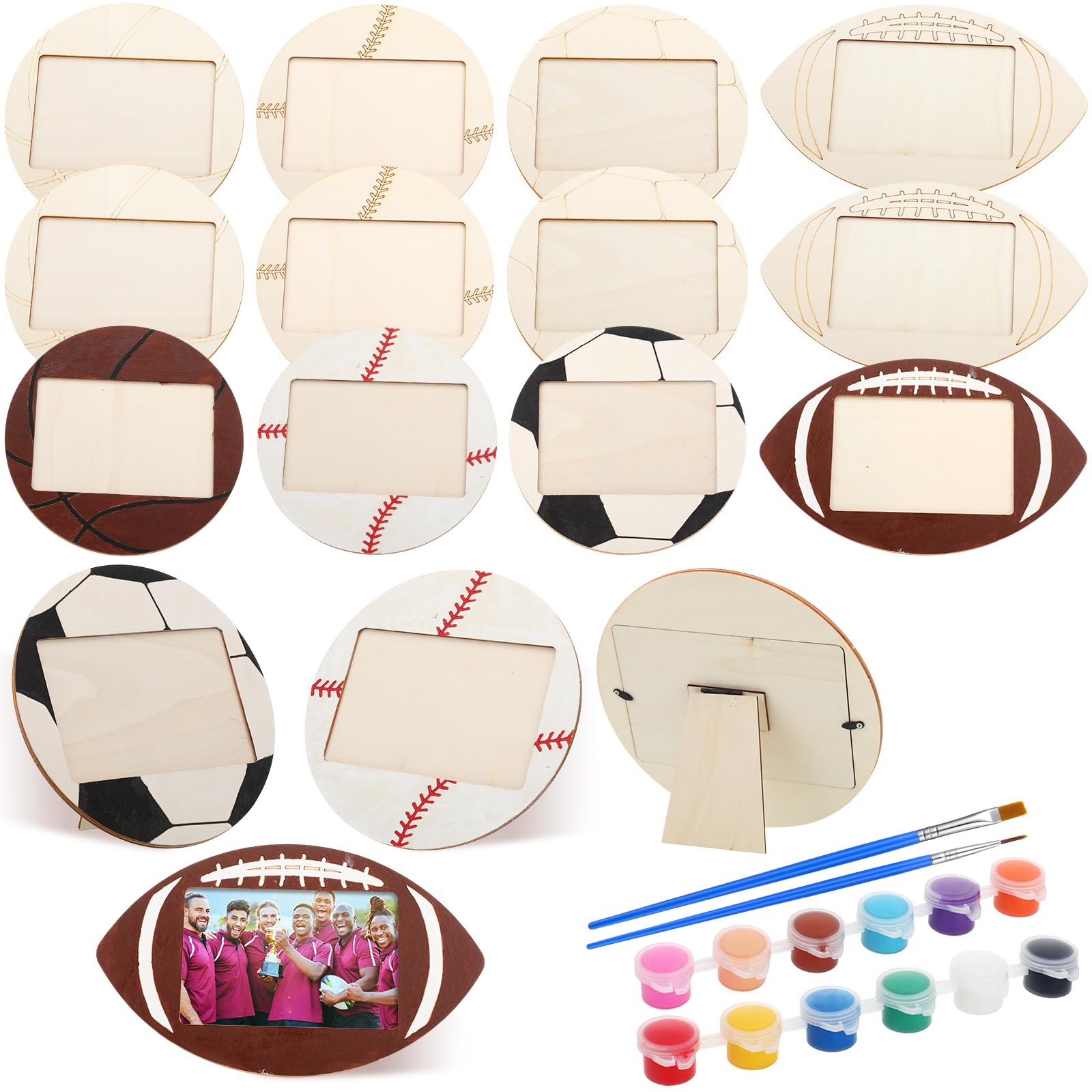 Photo 1 of DoubleFill Paint Your Own Sport Themed Picture Frame Craft Kits, 12 Pack 7.9 x 7.9 Inch Large DIY Wooden Photo Frames Football Soccer Basketball Baseball with Painting Tools, for Party Gift Kids Craft