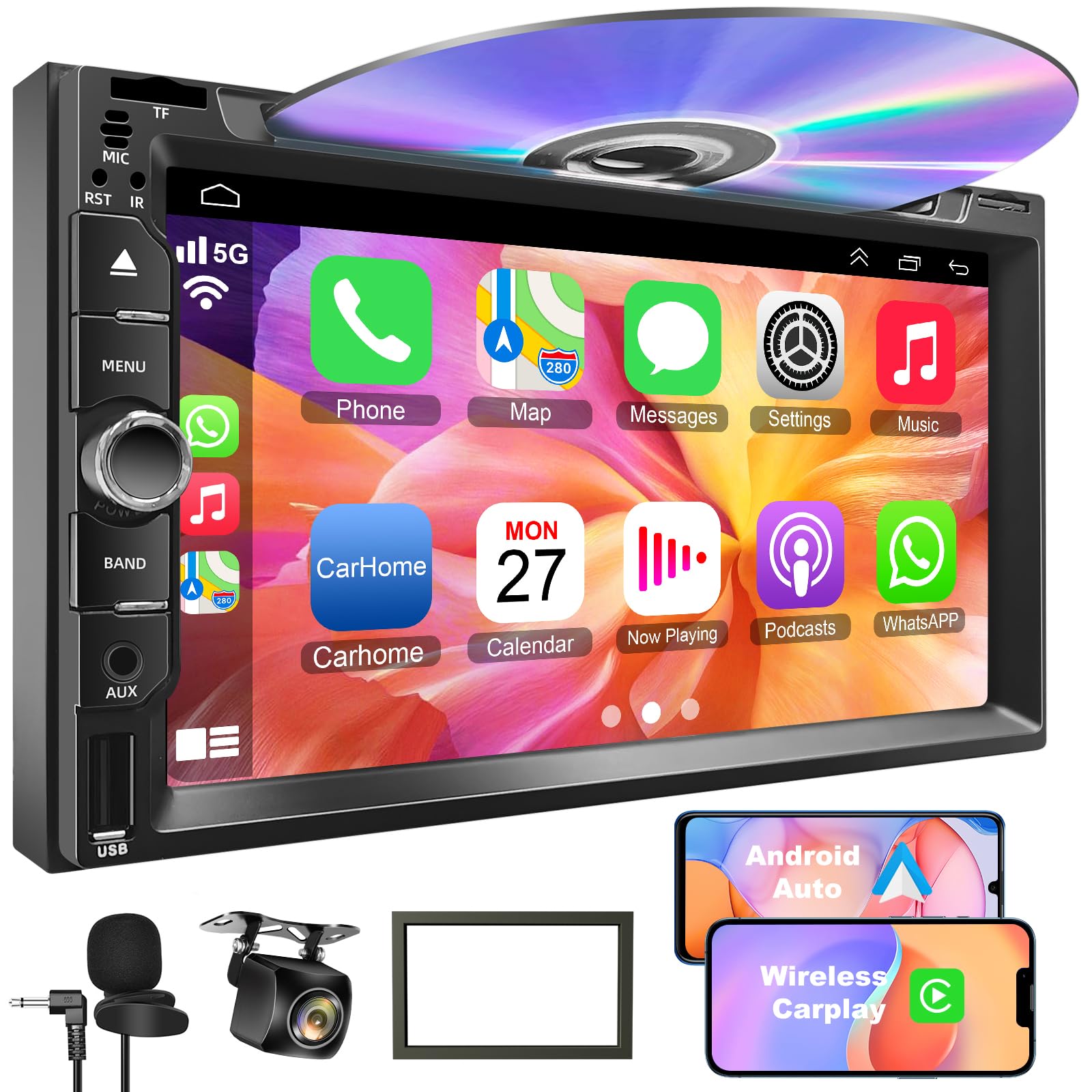 Photo 1 of *FOR PARTS ONLY* Double Din Car Stereo with CD/DVD Player, 7-Inch Touch Screen, Bluetooth 5.1, CarPlay/Android Auto, Backup Camera, USB/TF Card Slots, FM Radio, AUX Input
