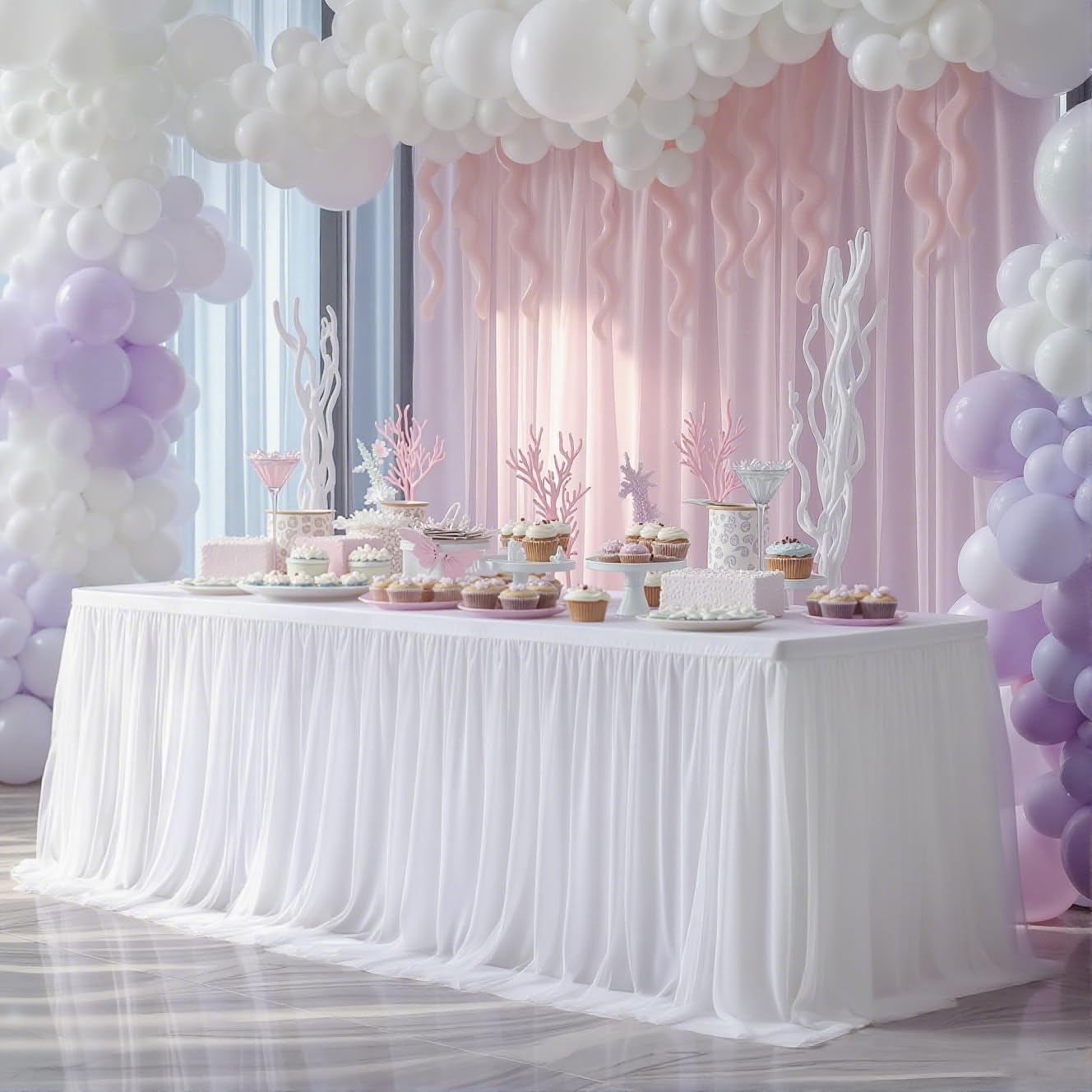 Photo 1 of 2-in-1 White Tablecloths with Tulle Table Skirt for 6 Foot Rectangle Tables, Party Ruffle Tutu Table Skirt Stretch Fitted Covers for Wedding Reception Birthday Baby Shower Celebration Banquet Event