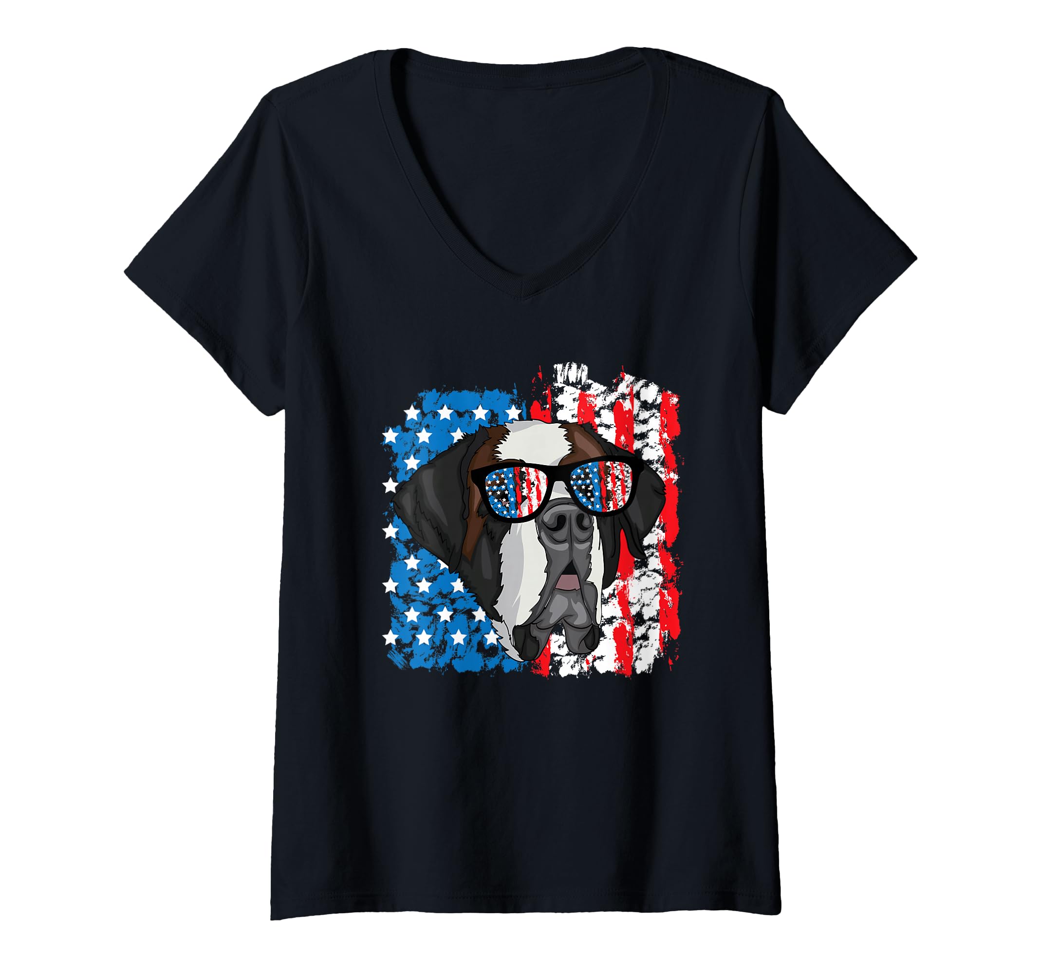 Womens 4th of July Dog Patriotic Saint Bernard Dog with Sunglasses V-Neck T-Shirt