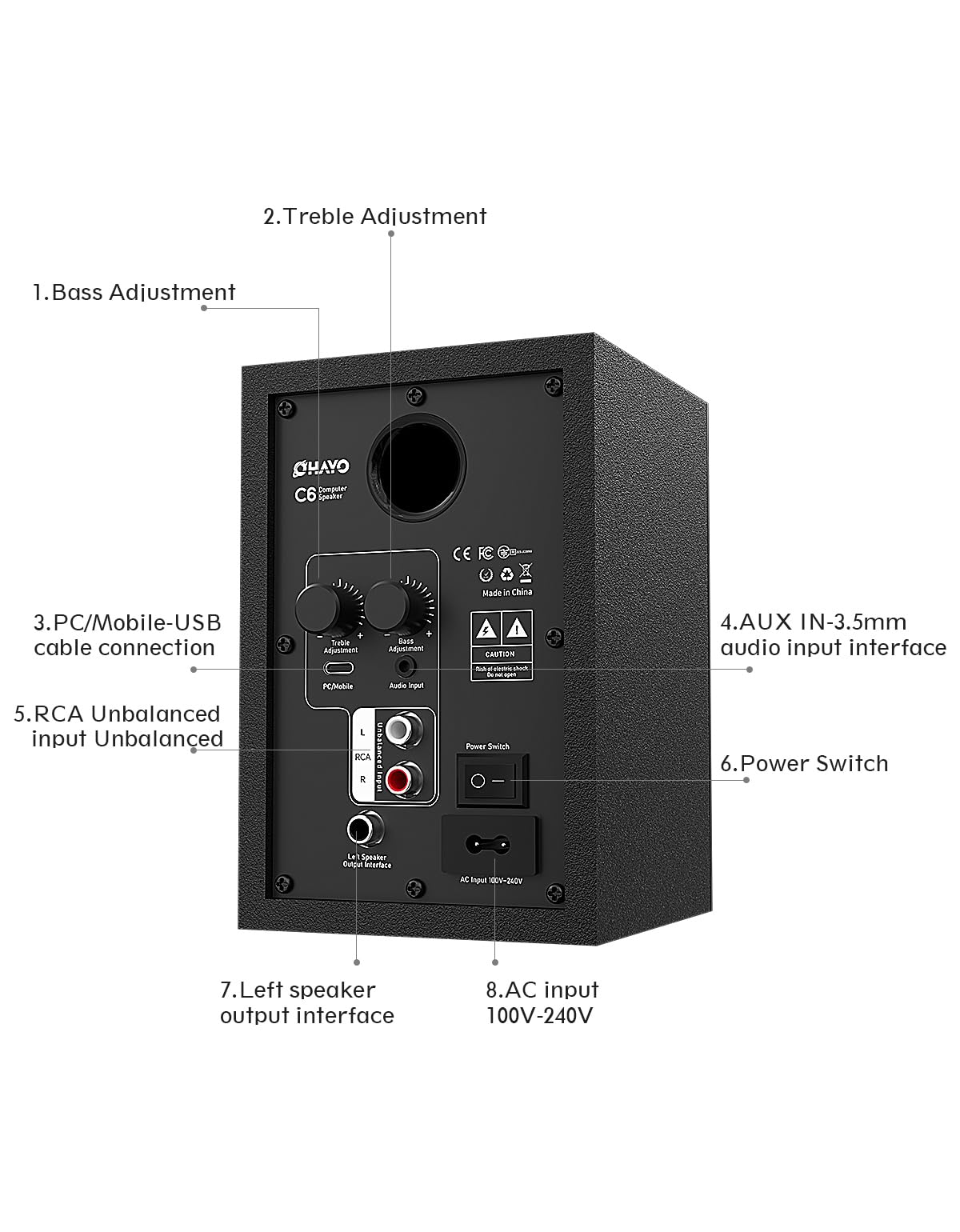 OHAYO 60W Computer Speakers for Music and Gaming, Active Bluetooth 5.3, Stereo 2.0 Speakers for Desktop PC or Laptop, 3.5mm Aux RCA Input, USB-Powered, 1 Pair, Black