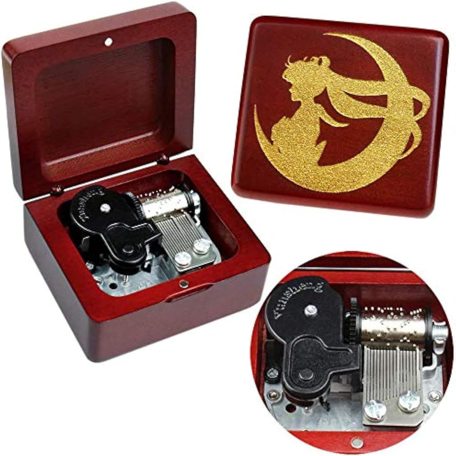 Sinzyo Sailor Moon Music Box Vintage Wood Carved Wind Up Musical Box Gift For Christmas,Birthday,Valentine's Day(Wine Red Box)