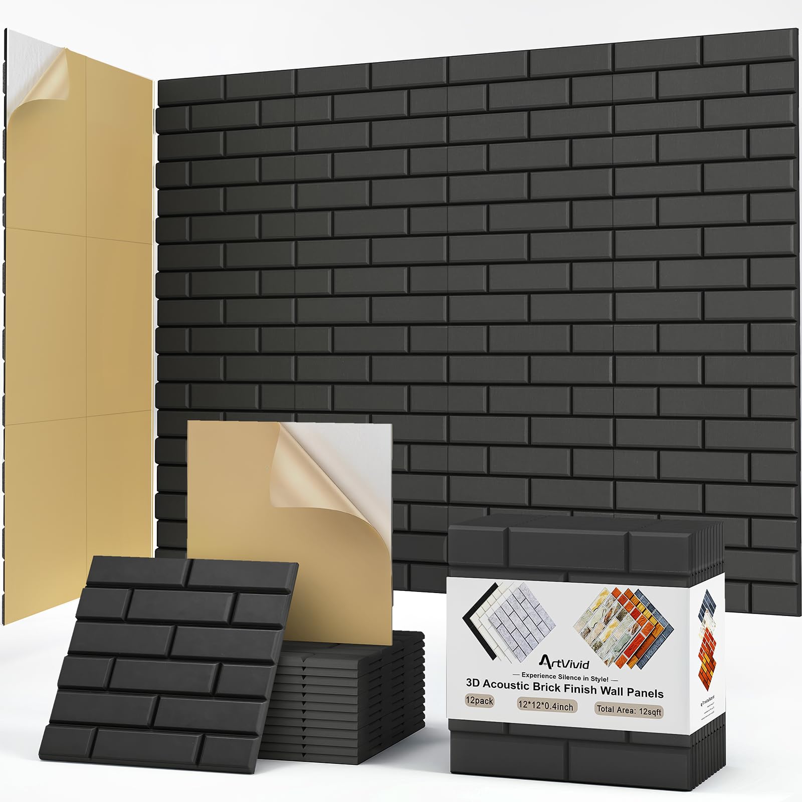 Photo 1 of 12Pack Acoustic Panels, Self-Adhesive 3D Brick Pattern Sound Proof Panels for Walls, Decorative Sound Dampening Wall Panels for Recording Studios, Offices, Home, 12"×12"×0.4", Black