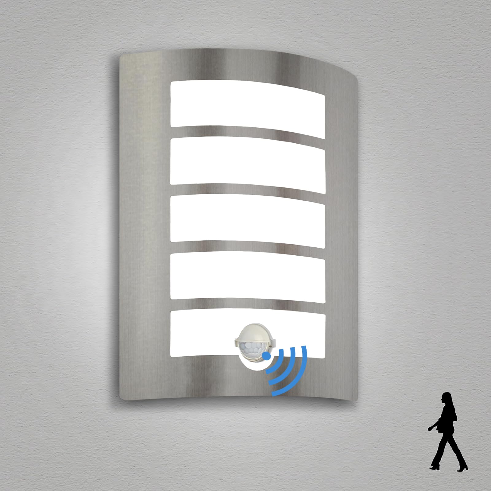 Wondlumi Outdoor Wall Lights with PIR Motion Sensor, Curved Outside Light Mains Powered Stainless Steel IP44 Waterproof for Porch Patio, Incl. 1x 12W Cool White E27 Bulbs