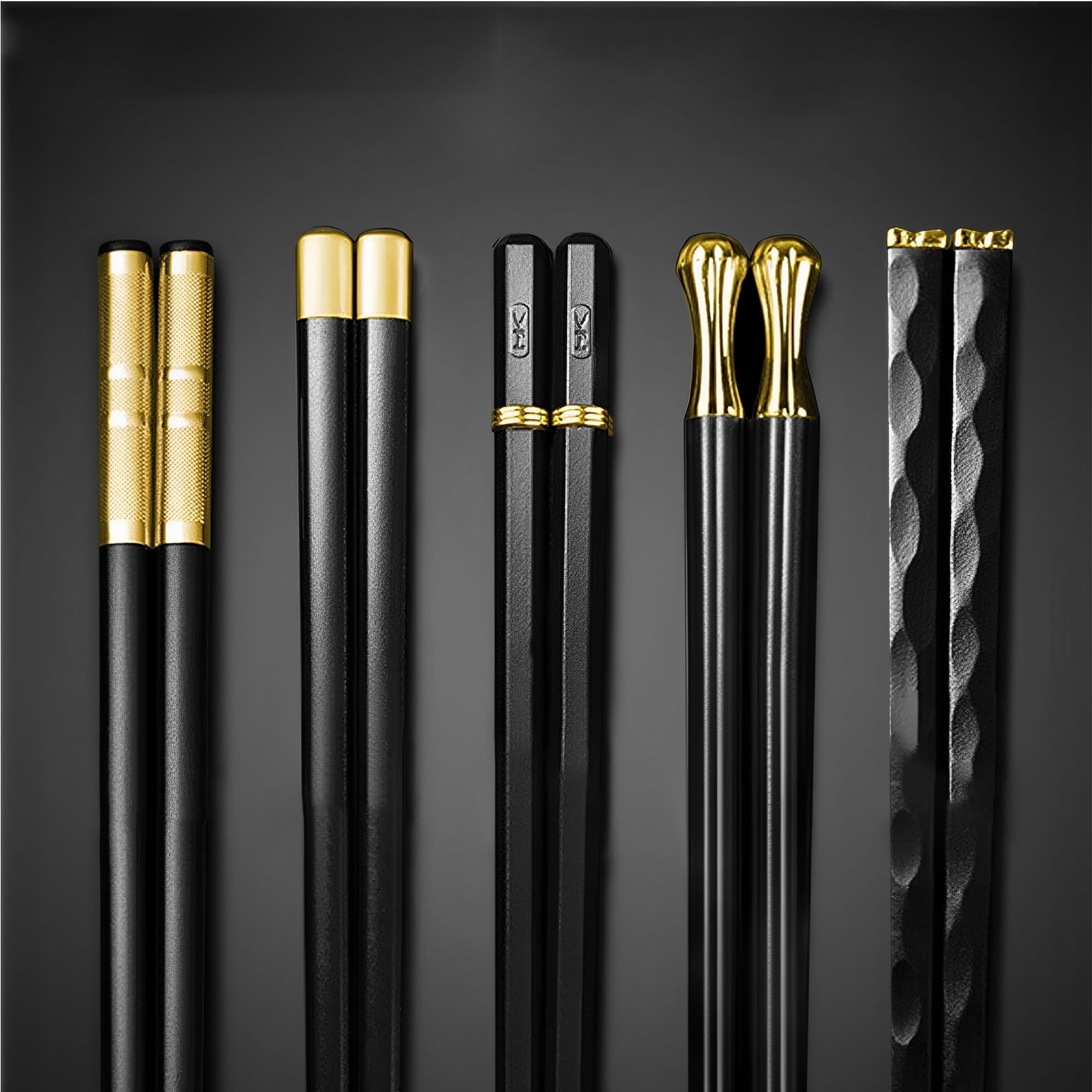 MZSX Fiberglass Chopsticks, Gift Set, High-end Luxurious Professional Design, Super Strong Healthy, Reusable, Japanese Chinese Chop Sticks with Wave Pattern, 5 Pairs (Black)