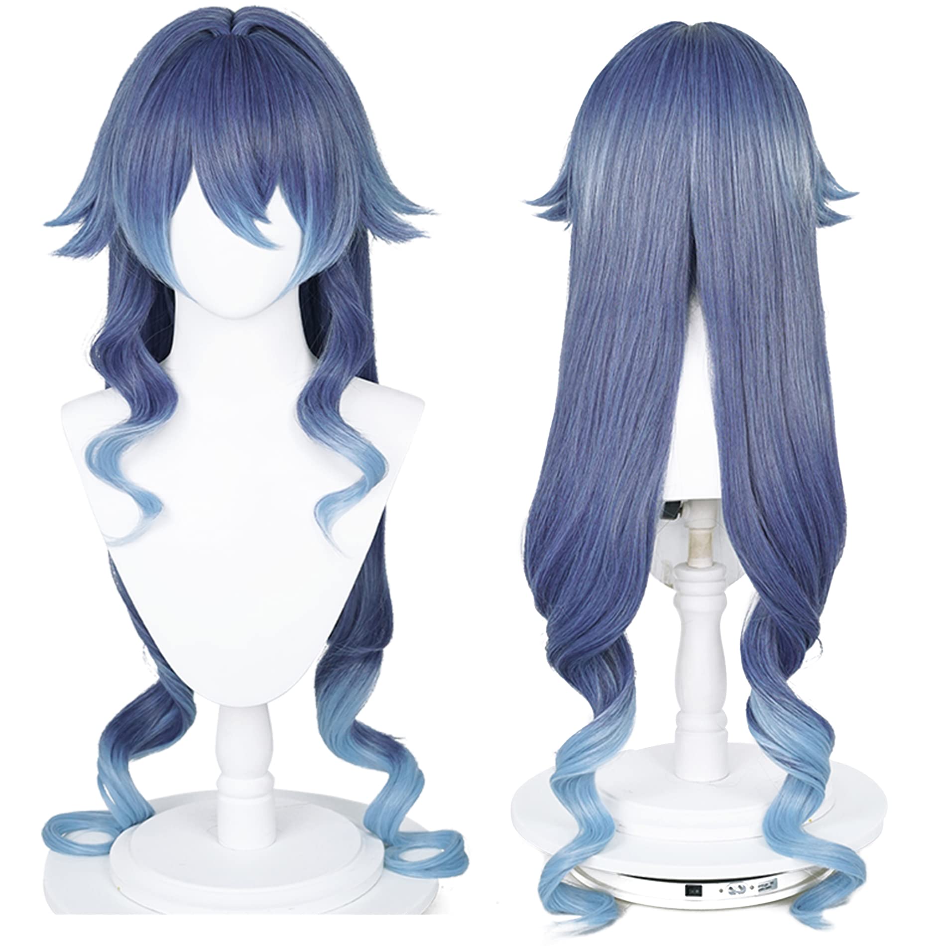 Dark Blue Gradient Long Curly Cosplay Wig with Bangs Sideburn Heat Resistan Synthetic Hairs for Women Halloween Comic Con Cos Anime Party Replacement Wigs