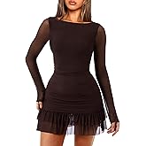 OZICERD Women Boat Neck Bodycon Mini Dresses Long Sleeve Going Out Dress Ruffle Mesh Short Elegant Club Cocktail Party Dress