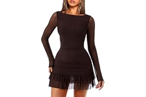 OZICERD Women Boat Neck Bodycon Mini Dresses Long Sleeve Going Out Dress Ruffle Mesh Short Elegant Club Cocktail Party Dress