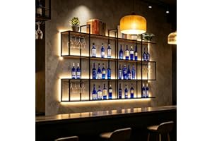 Large Wine Rack Wall Mounted with LED Lights, 4-Tiered Floating Wine Shelf Wood and Metal, Hanging Bar Liquor Bottles Storage