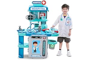 ZEFINOT Doctor Kit for Kids 3-5, Toddler Doctor Play Set with Rolling Cart, Costume, and Stethoscope, Role Play Kids Doctors Play Set (LX-Blue)