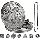 GEAoffice DND Dice Set with Vintage Dragon &amp; Sword Pocket Watch Case, Metal | Tiny Zinc Alloy Dice, Polyhedral 7-Piece Set, Tabletop Role Playing Games &amp; Math Games Dice, Unique DND Gift for Men/Women