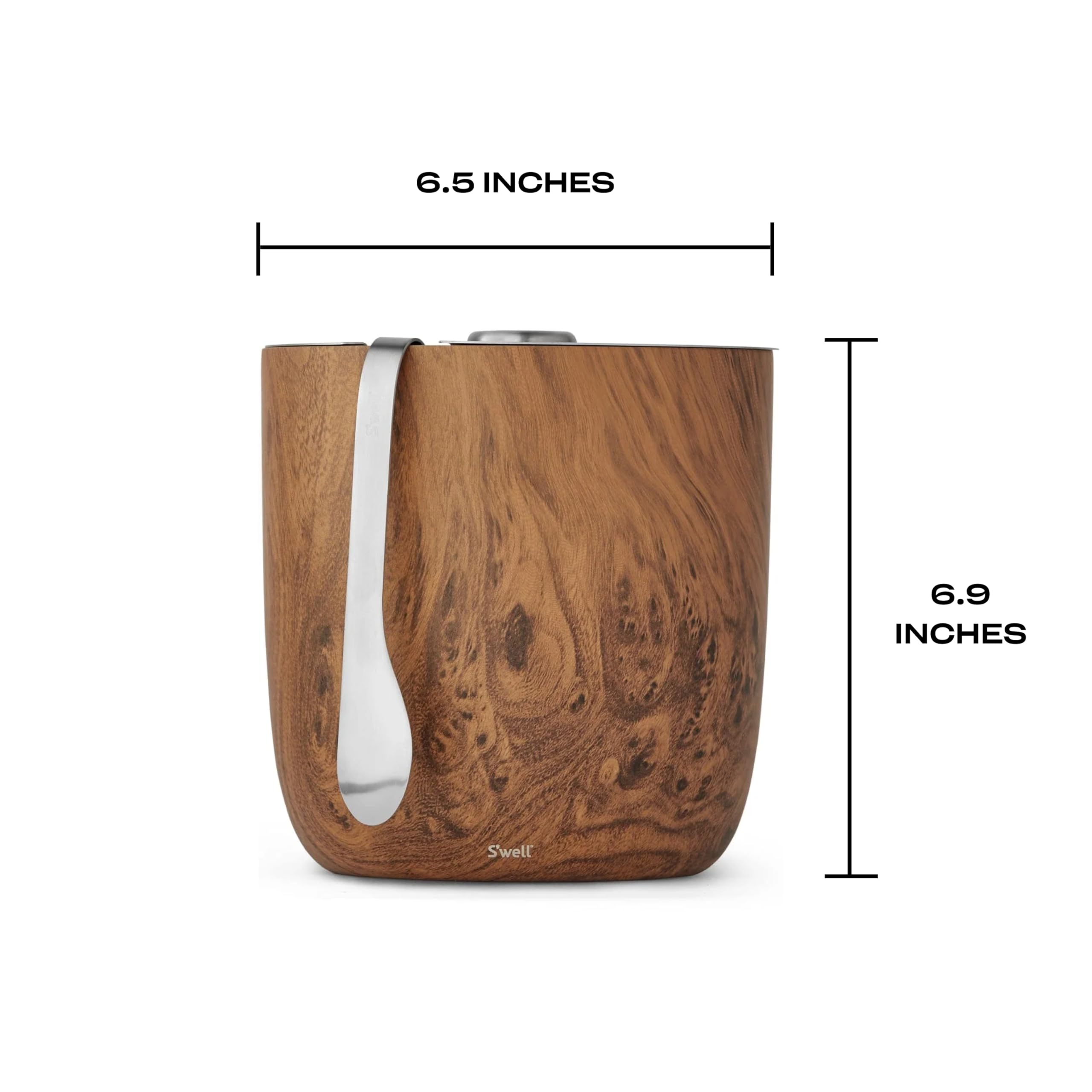 S’well Stainless Steel Ice Bucket with Tongs, 68oz Capacity, Teakwood Finish, Triple-Layer Vacuum Insulated to Keep Ice Colder Longer, BPA-Free Barware