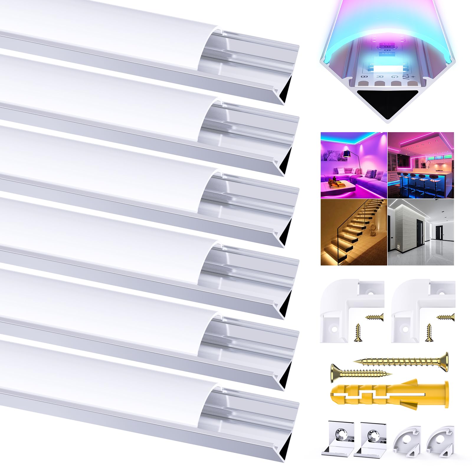 Chesbung 6 Pack V Shape Led Aluminum Channel for LED Strips, 1Meter/3.3ft Aluminum Profile with Milky White Cover, Led Track Diffusers with End Caps, Mounting Clips and 90 Degree Corner Connector