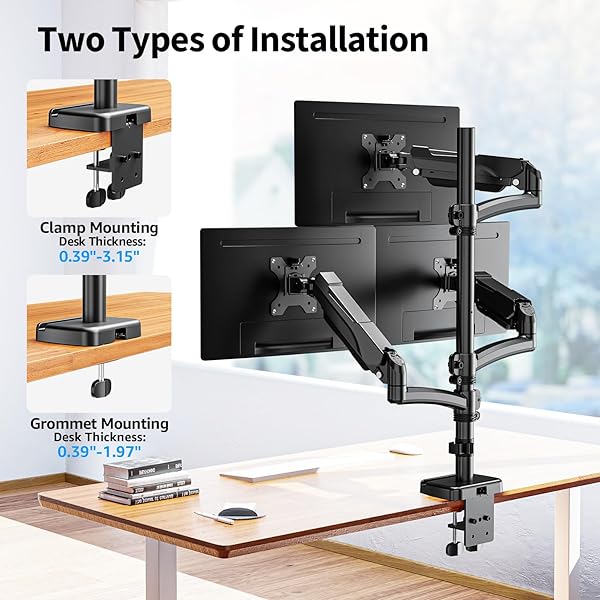 ERGOFOCUS TRIPLE MONITOR MOUNT FITS MAX 32″ COMPUTER SCREEN, HOLDS UP TO 17.6LBS EACH ARM, 3 MONITOR DESK MOUNT, TRIPLE STAND WITH TILT SWIVEL ROTATION, VESA MOUNT 75/100MM