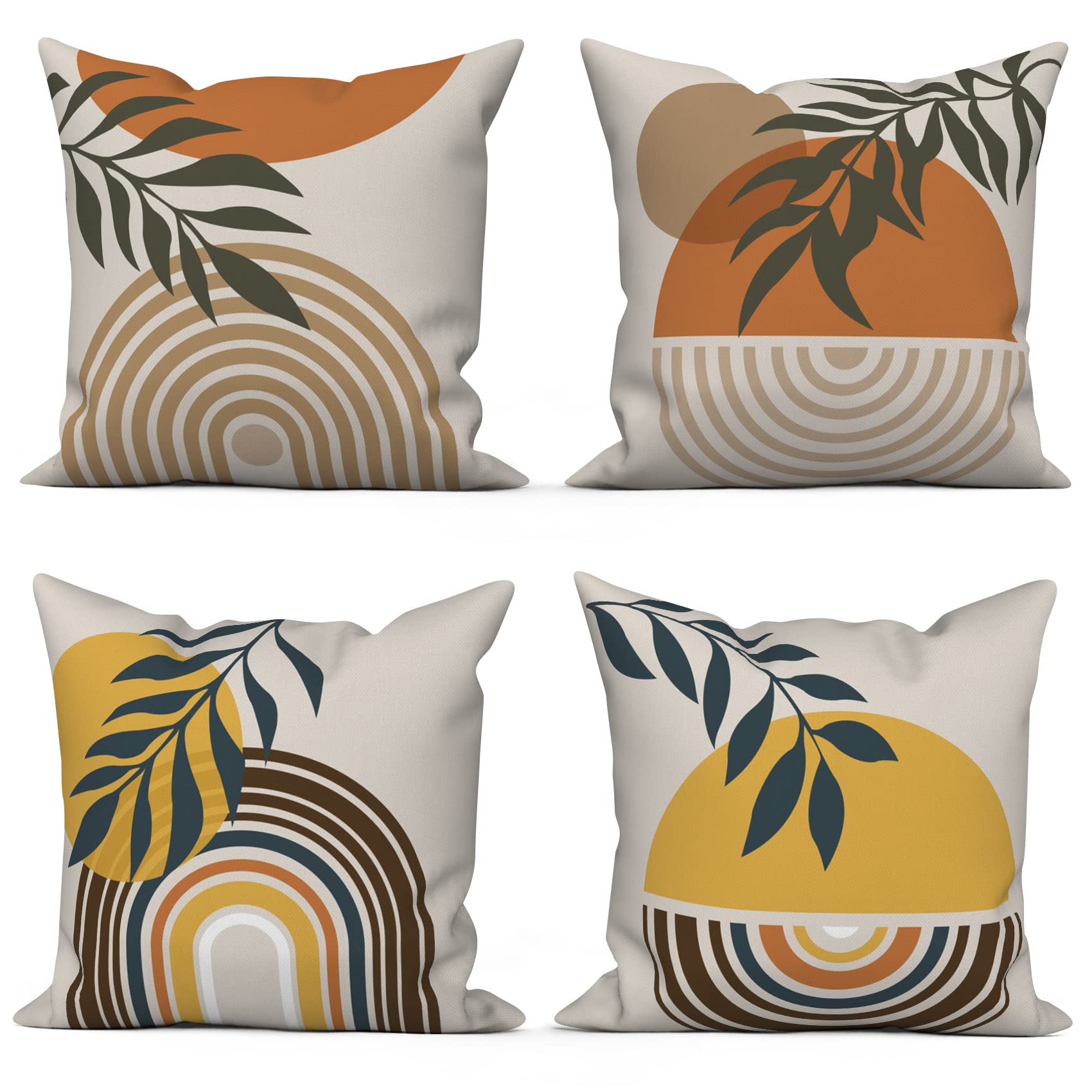 ASDCXZ Boho Cushion Cover 50x50 cm 4er Set, Modern Abstract Art Leaves Sun Beige Sofa Deco Cushion Covers Cushion Cover Washable Polyester Flax Textile Outdoor Pillow Cover Cushion Cover