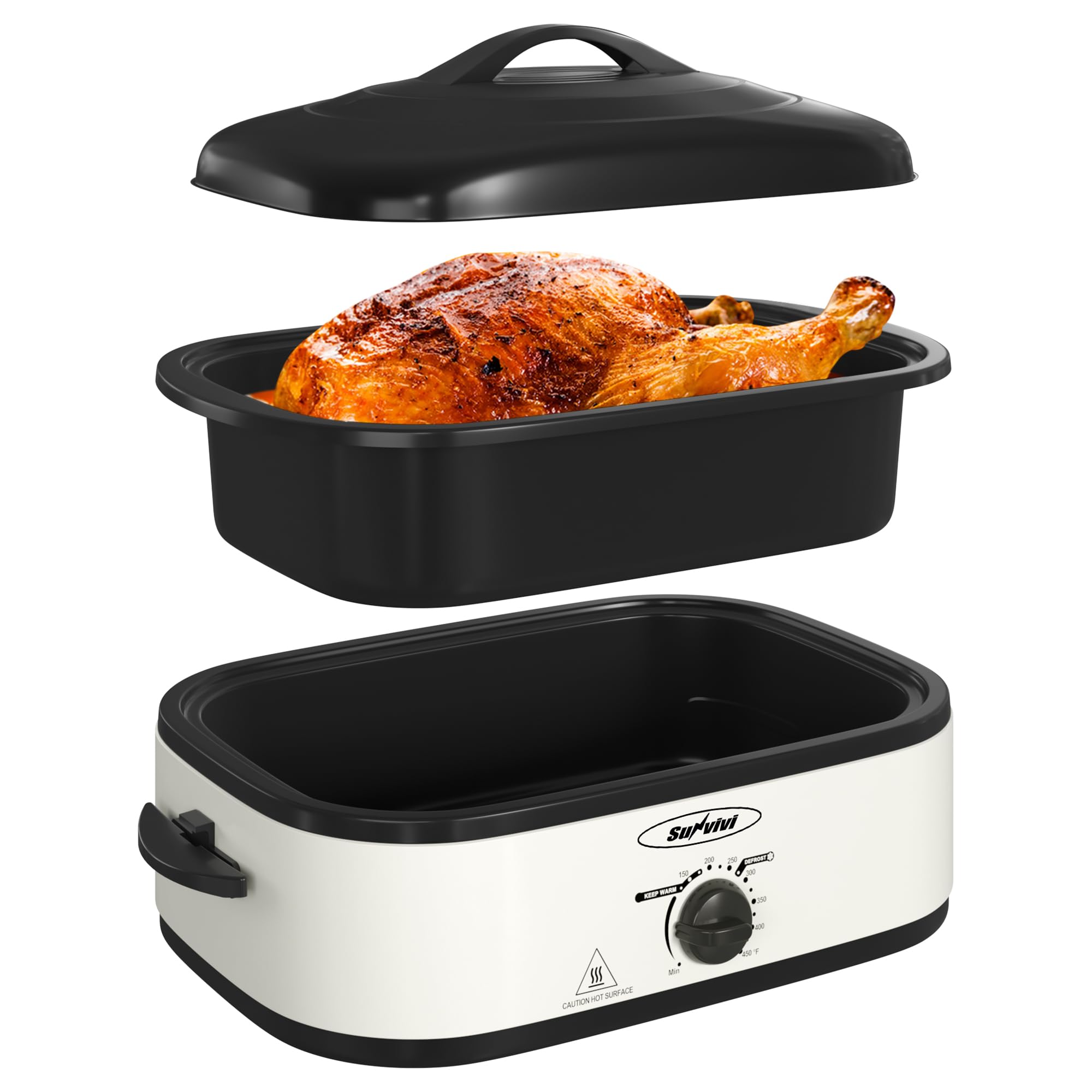 View 1 of **DAMAGED**
Sunvivi Electric Roaster Oven with Self-Basting Lid, 14-Quart Turkey Roaster Oven with Removable Pan and Rack, Stainless Steel, White