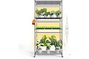 Bstrip Plant Shelf with Grow Light with Timer, Tall Plant Stand with Adjustable Rack and Wheels, 6 Pack T5 3FT Full Spectrum 