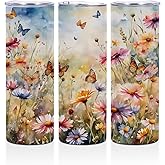 20 oz Skinny Tumbler Stainless Steel Slim Insulated Tumblers Straight Water Bottle Coffee Mug Thermal Travel Cup with Lid, Christmas Birthday Butterfly Gifts for Women Friend Mom, Watercolor Flowers