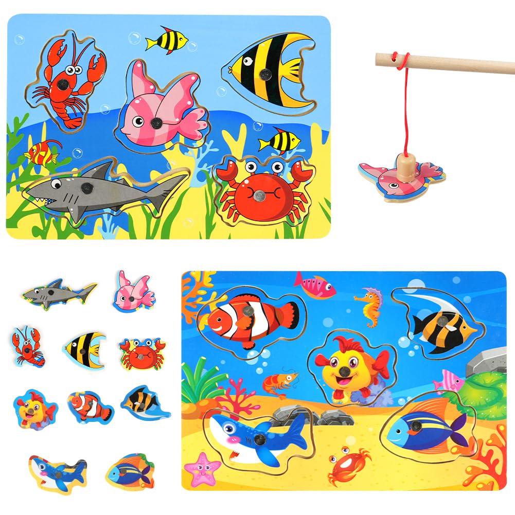 Vicloon Wooden Fish Game, 10pcs Magnetic Fishing Game, 2 Set Mini Magnetic Fishing Puzzles with Fish Rod Montessori Toys Sea Creatures Kids Fishing Game Educational Toys for 3 years old Toy