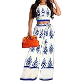 Elegant 2 Piece Sets for Women Sexy Printing Crop Top Long Straight Pants Vacation Outfits Beach