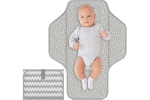 CUXFLS Baby Portable Diaper Changing Pad, Foldable Travel Diapering Changing Mat with Built-in Pillow, Waterproof Compact Changing Pad for Newborn Baby Changing Station, Infant Gift（GreyWhite Wave）
