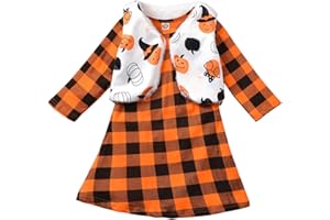 fioukiay Toddler Girls Halloween Outfits 2PC Kids Orange Plaid Dress with Vest Coat Clothes Set