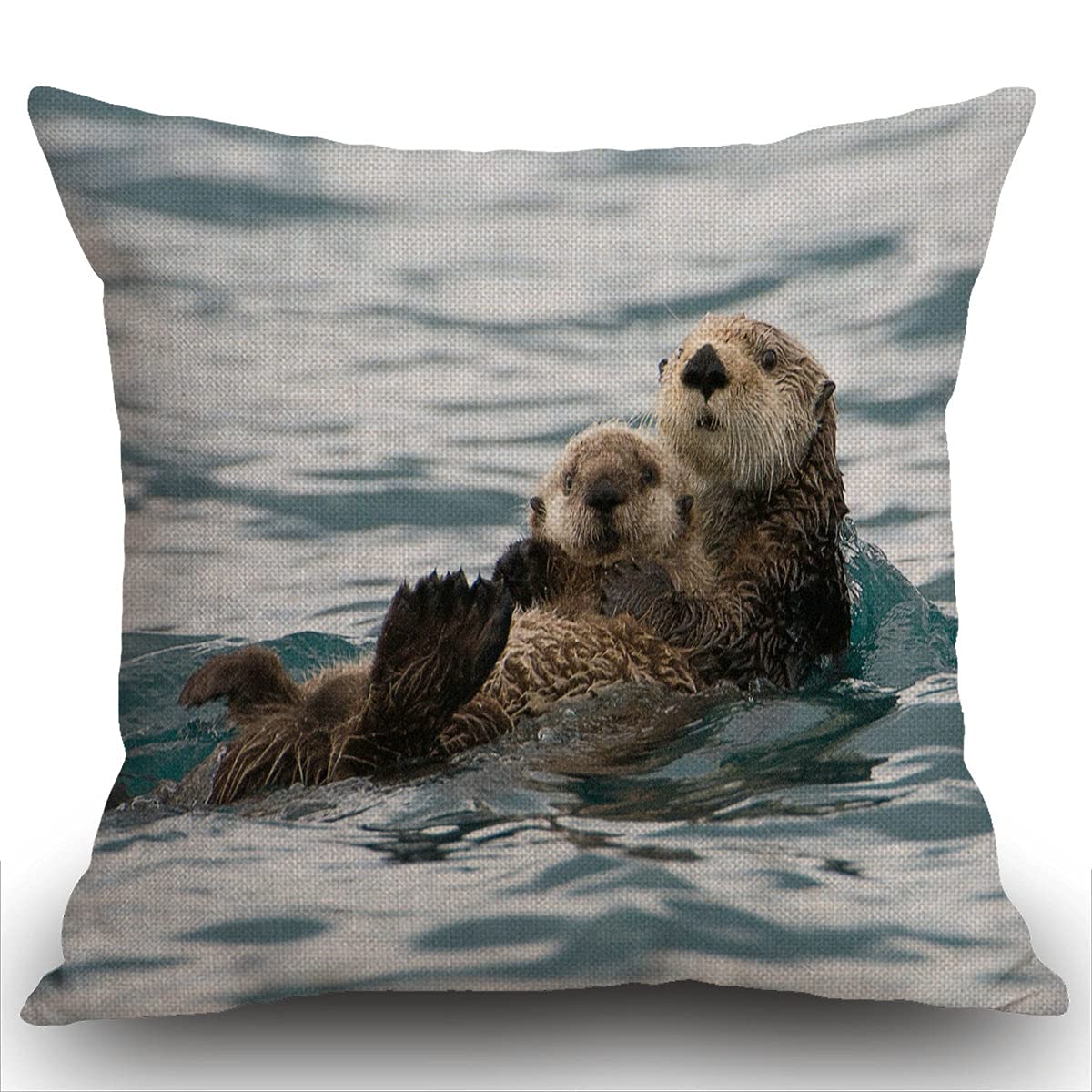 Smooffly Throw Pillow Case Animal Sea Otters Playing Water Swim Cushion Cover 18x18 inch Linen Square Throw Pillow Cover for Living Room Sofa Couch Bed Pillowcase 45cm x 45cm