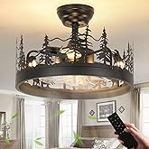 Merexcint Farmhouse Rustic Ceiling Fan with Light and Remote, Black Rustic Fan with Bear and Deer Design, Adjustable Height, 