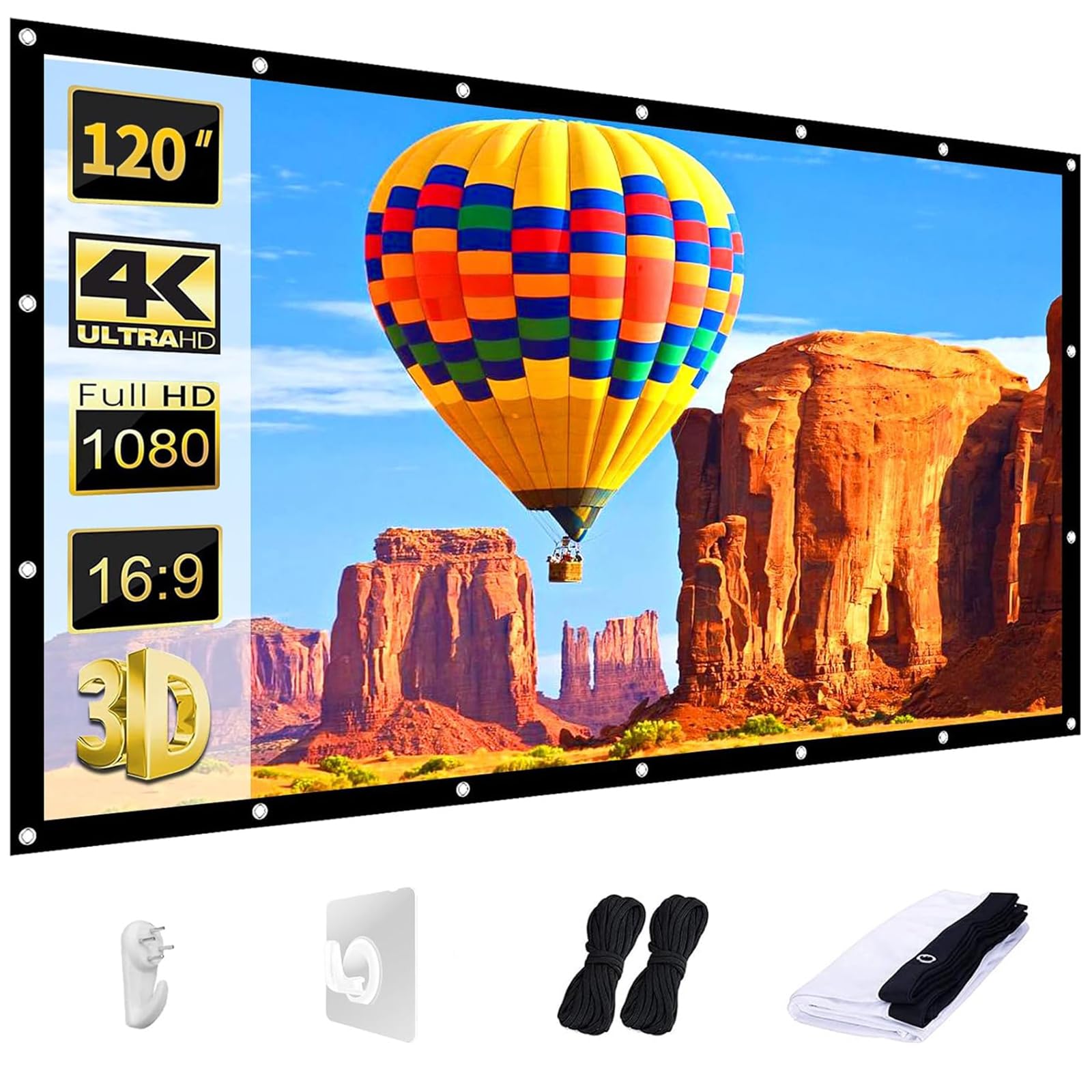 Photo 1 of AAJK Projector Screen 120 inch, Washable Projector Screen 16:9 Foldable Anti-Crease Portable Projector Movies Screen for Home Theater Outdoor Indoor Support Double Sided Projection