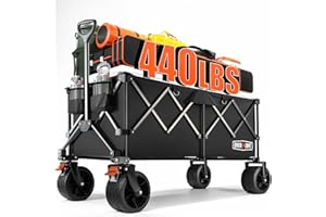Overmont 45'' Collapsible Foldable Extended Wagon Cart - 300L Heavy Duty 440lbs Large Capacity Folding Utility Wagon with All-Terrain Wide Wheels for Camping Sports Grocery Picnic